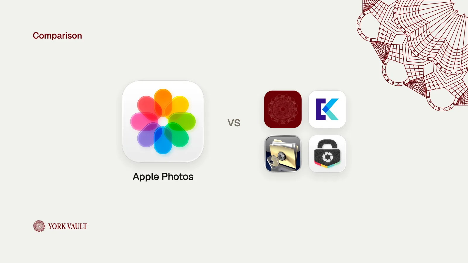 Apple Photos app icon next to the York Vault, Keepsafe, Private Photo Vault and LockMyPix app icon