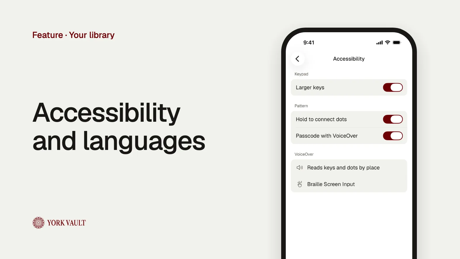 Accessibility and languages in York Vault on iPhone