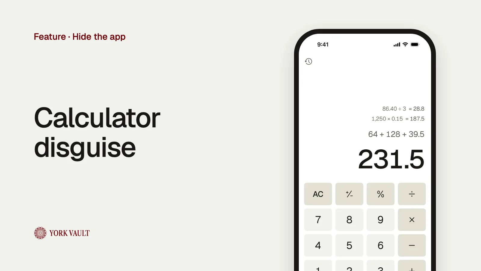 Calculator disguise in York Vault on iPhone