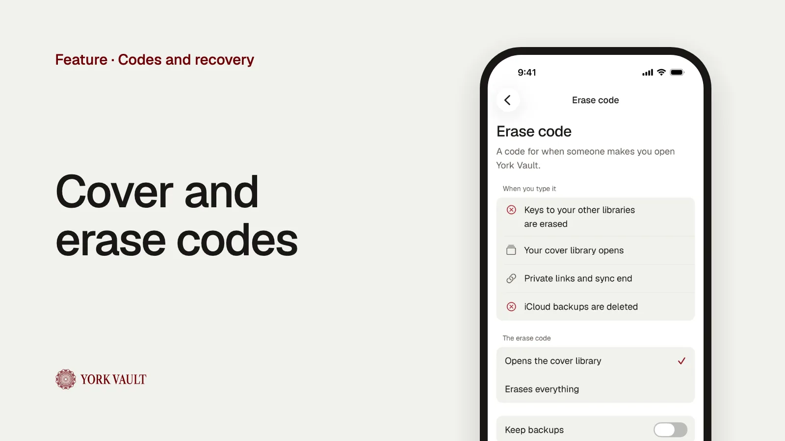 Cover and erase codes in York Vault on iPhone