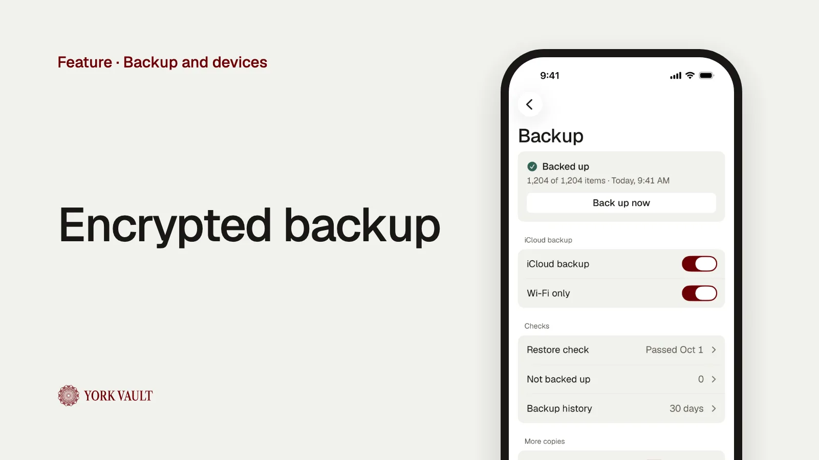 Encrypted backup in York Vault on iPhone