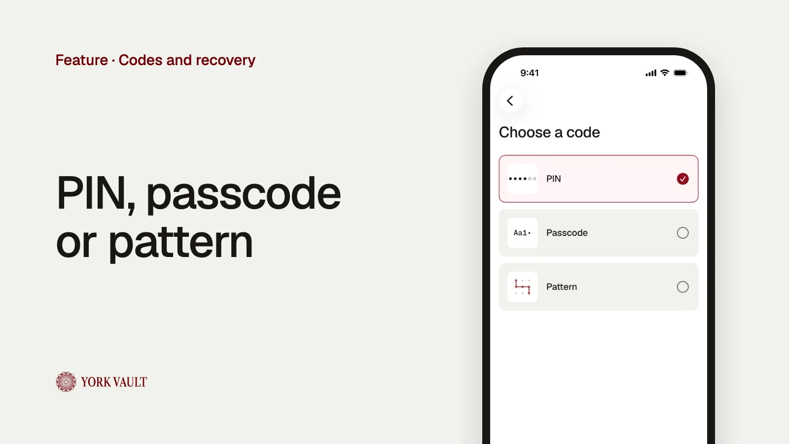 PIN, passcode or pattern in York Vault on iPhone