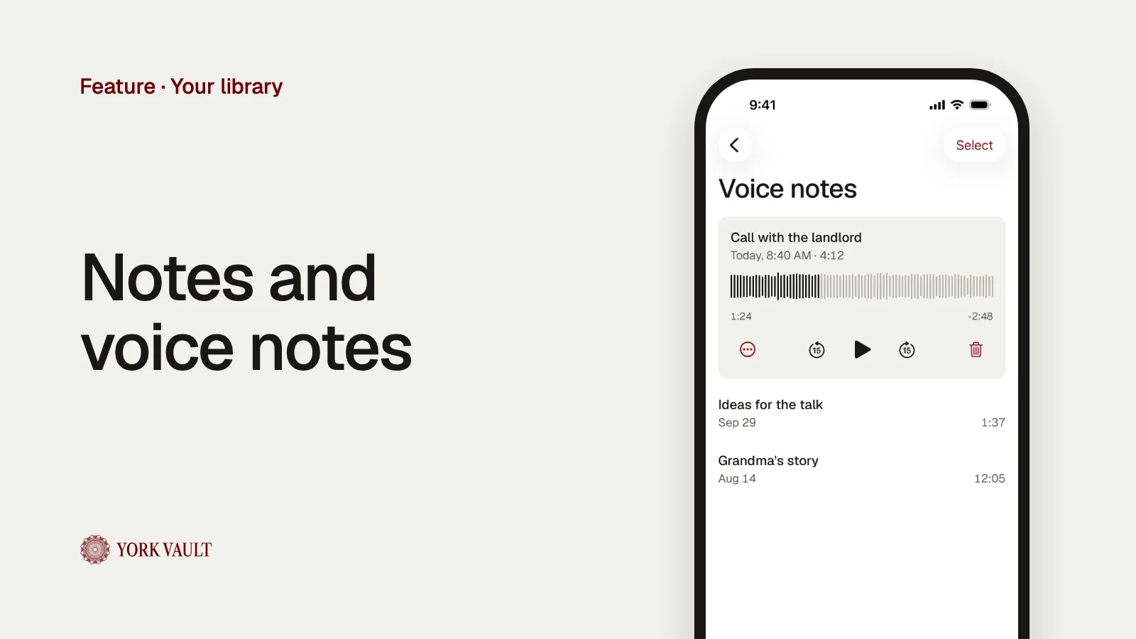 Notes and voice notes in York Vault on iPhone