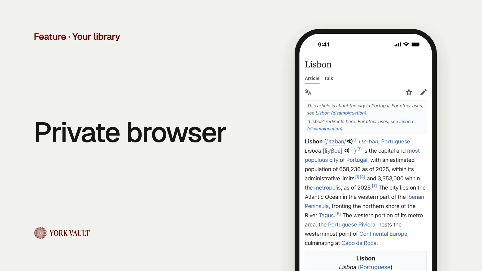 Private browser in York Vault on iPhone