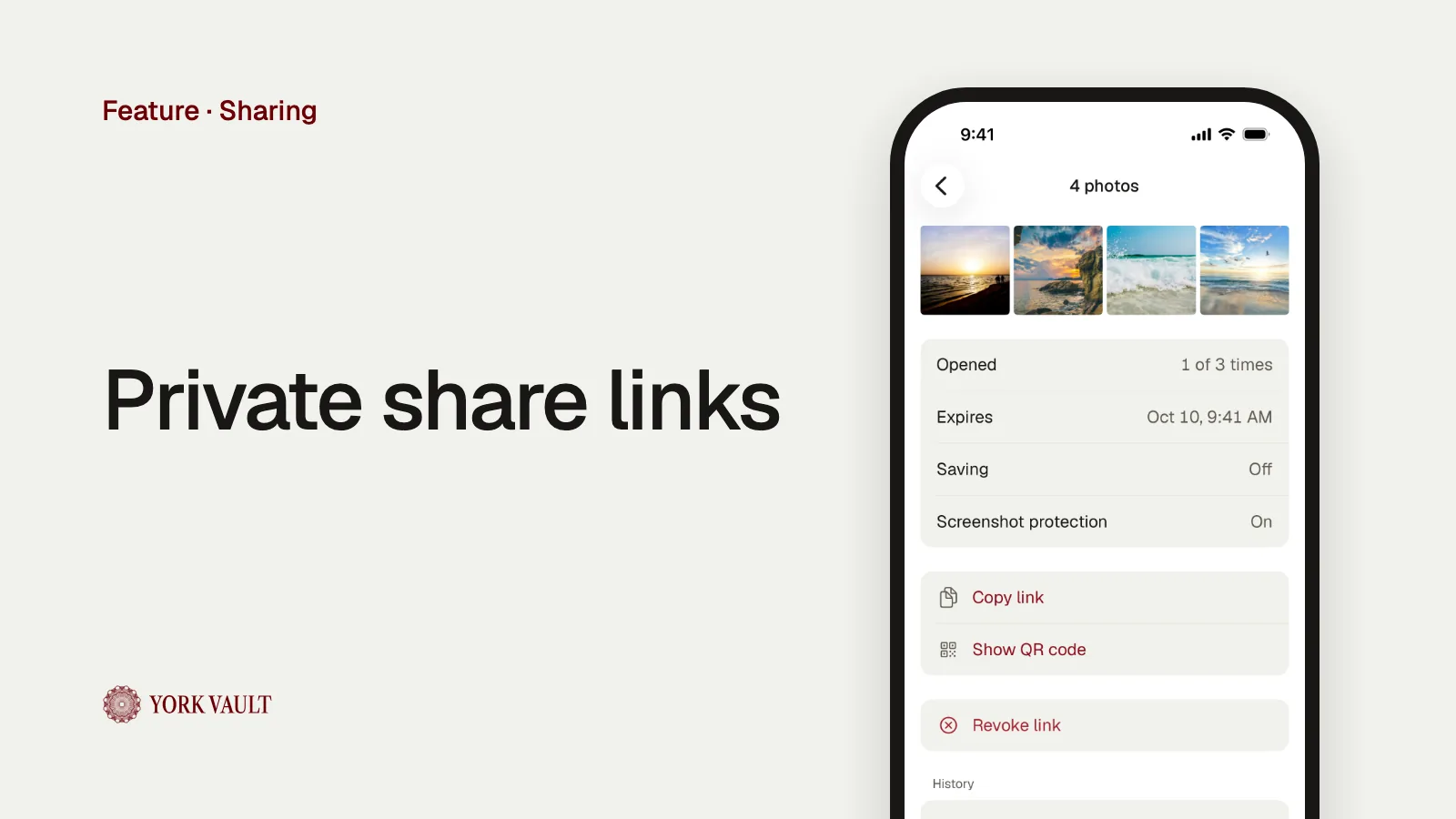 Private share links in York Vault on iPhone