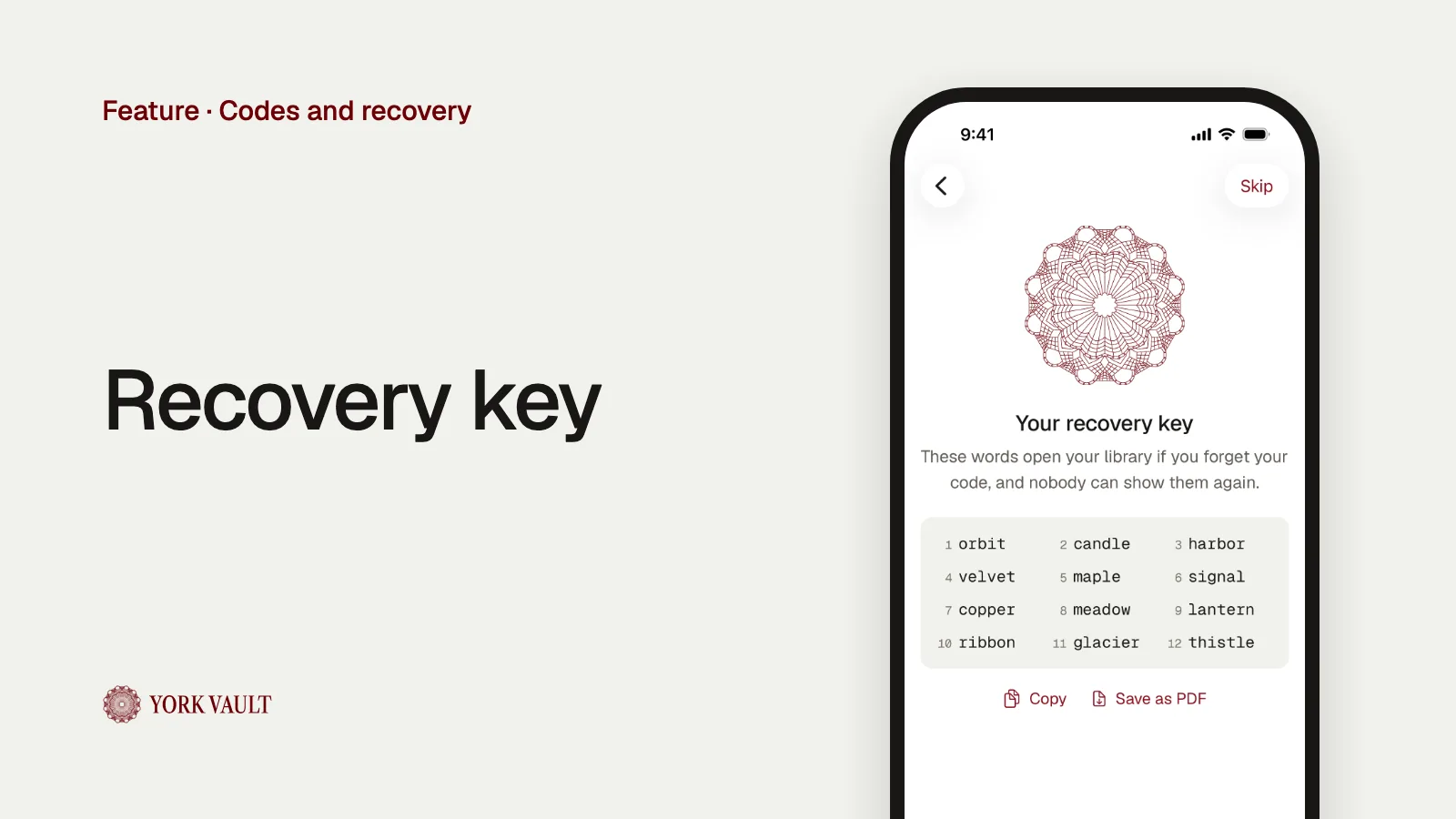 Recovery key in York Vault on iPhone