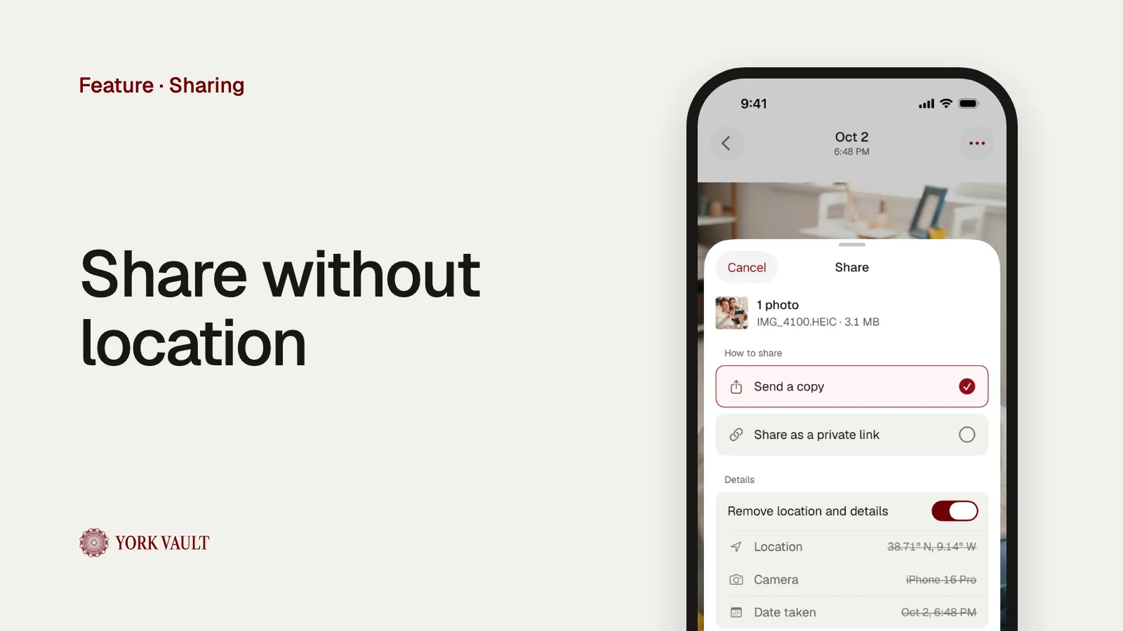 Share without location in York Vault on iPhone