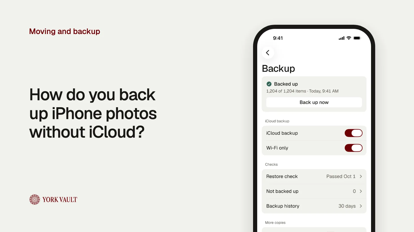 The backup settings in York Vault on iPhone