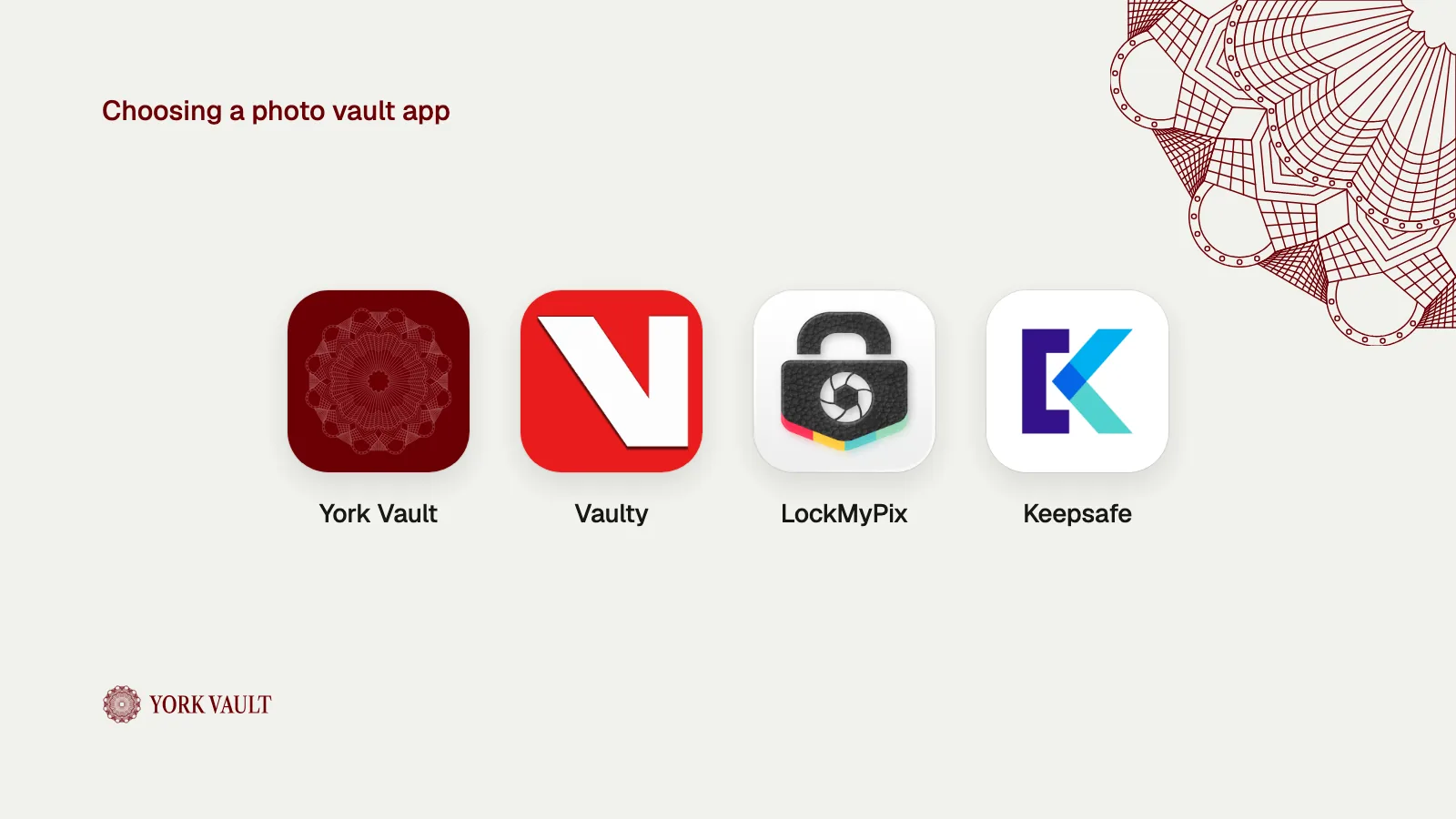 App icons of York Vault, Vaulty, LockMyPix and Keepsafe
