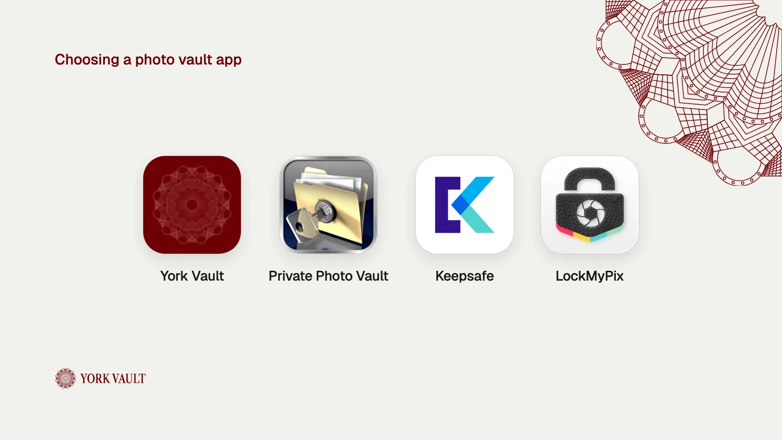 App icons of York Vault, Private Photo Vault, Keepsafe and LockMyPix