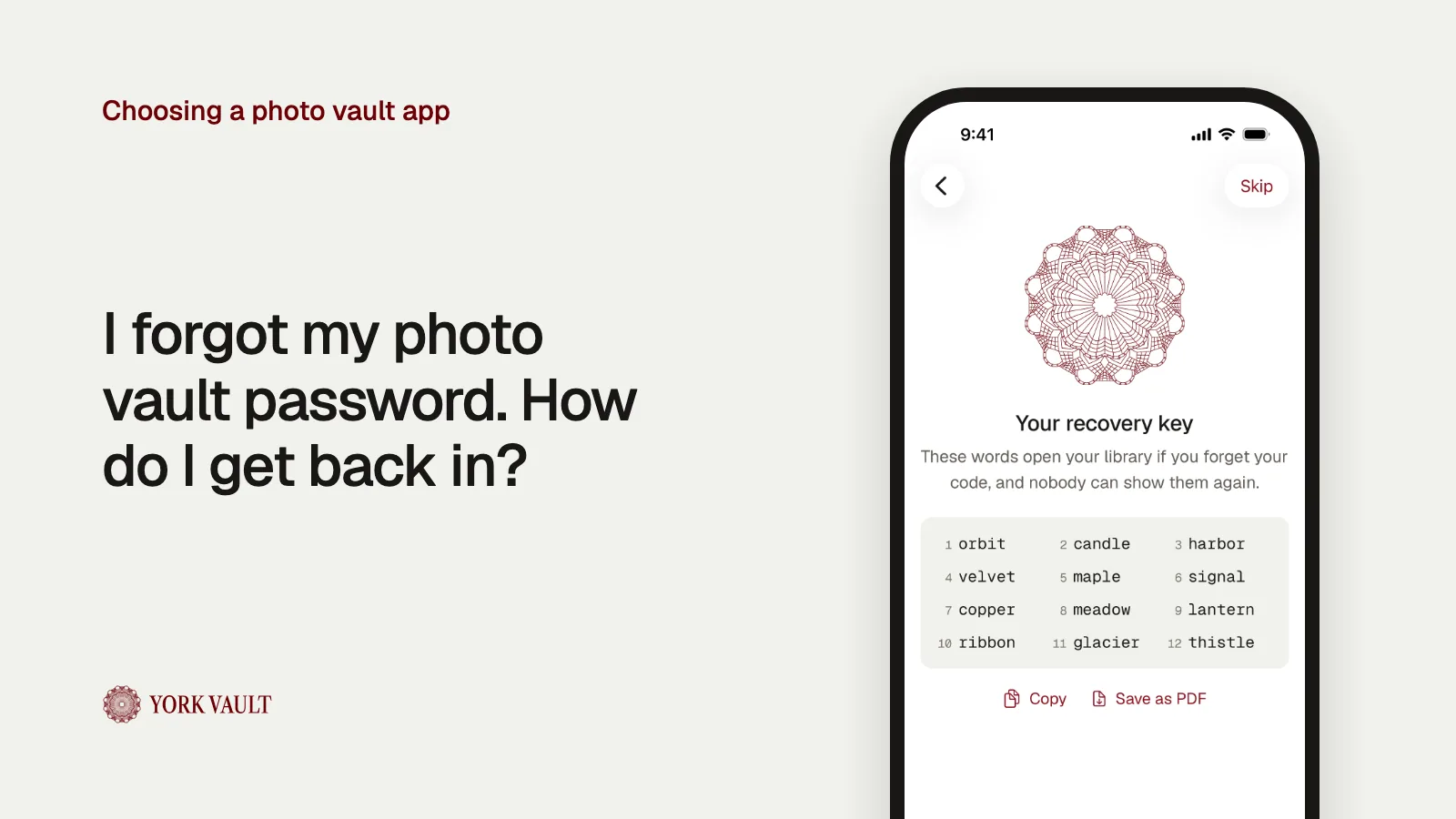The recovery key in York Vault on iPhone