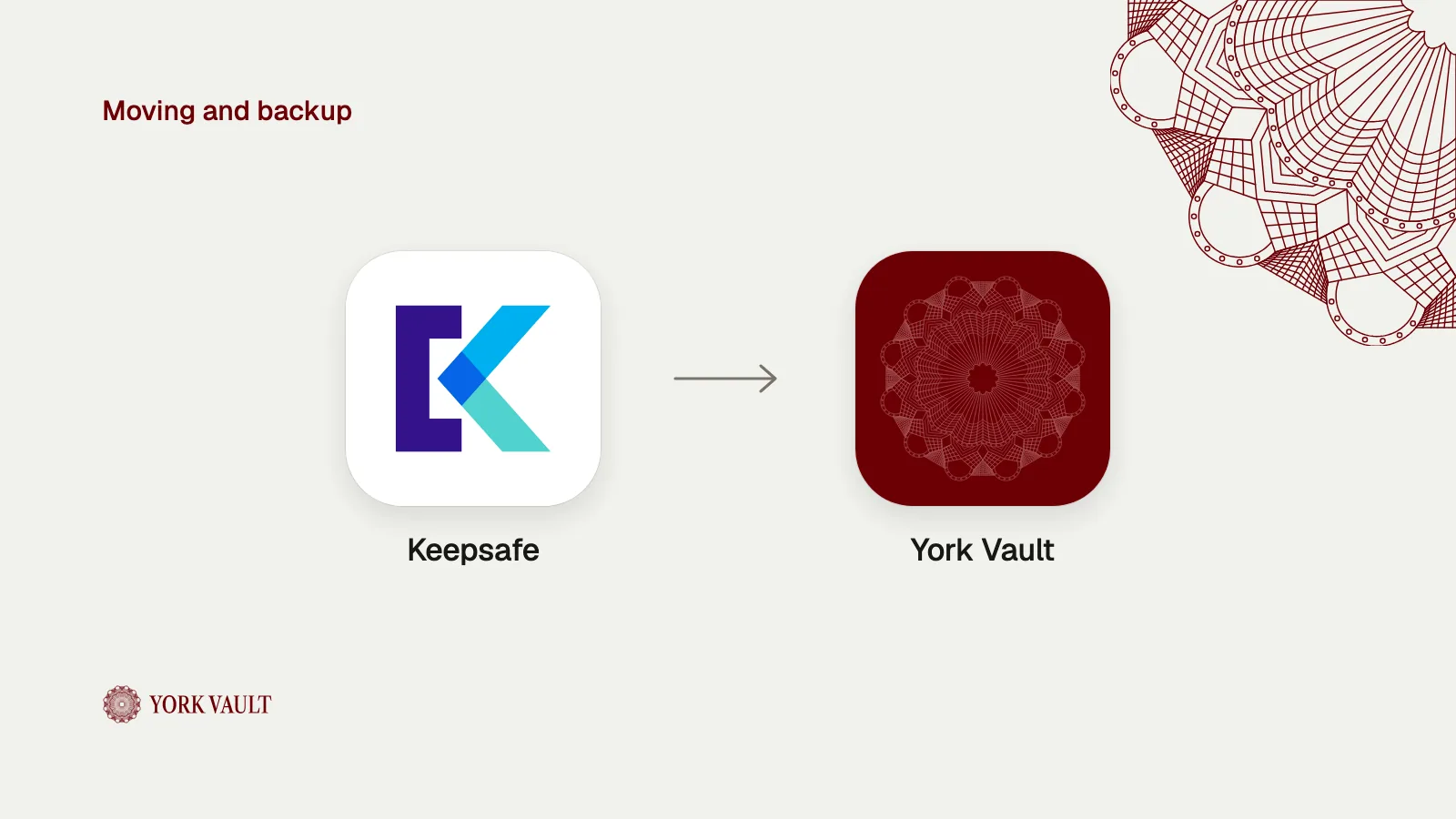 Keepsafe app icon with an arrow to the York Vault app icon