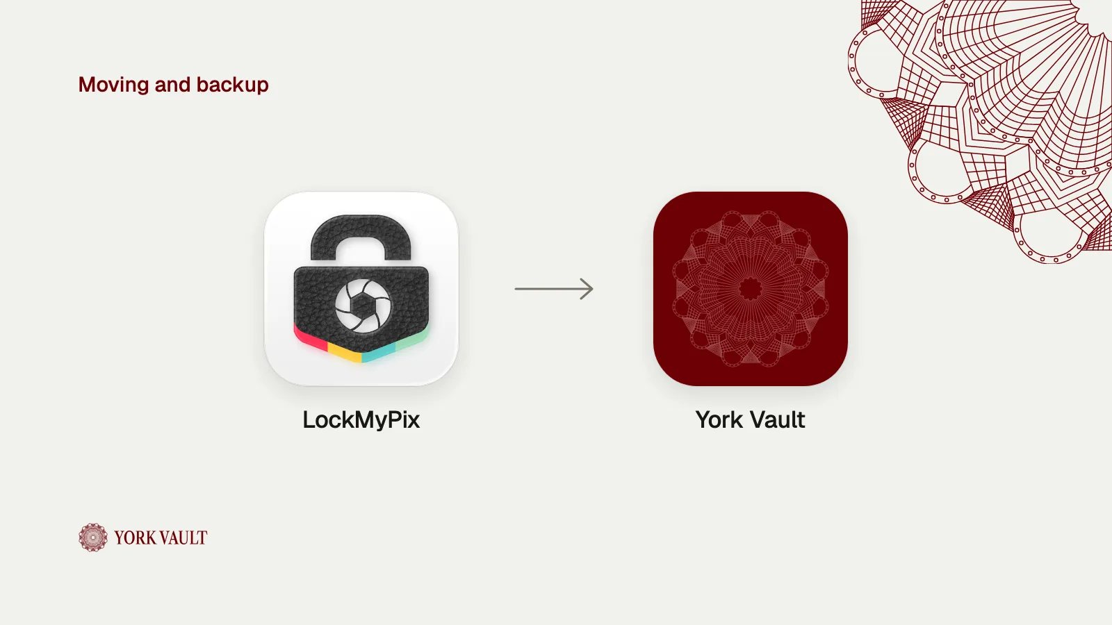 LockMyPix app icon with an arrow to the York Vault app icon