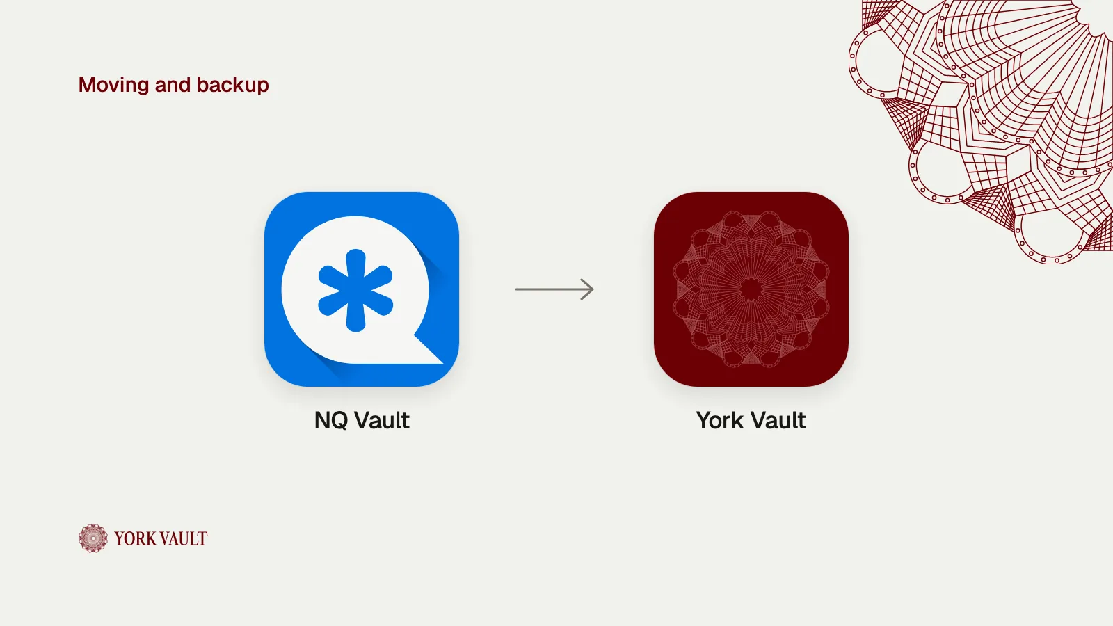 NQ Vault app icon with an arrow to the York Vault app icon