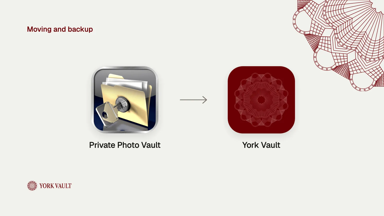 Private Photo Vault app icon with an arrow to the York Vault app icon