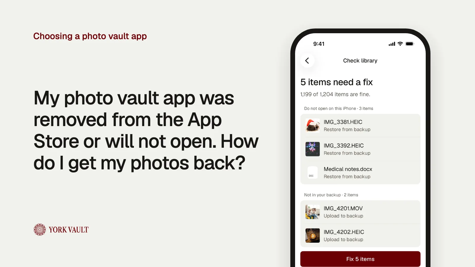 Check and repair results in York Vault on iPhone
