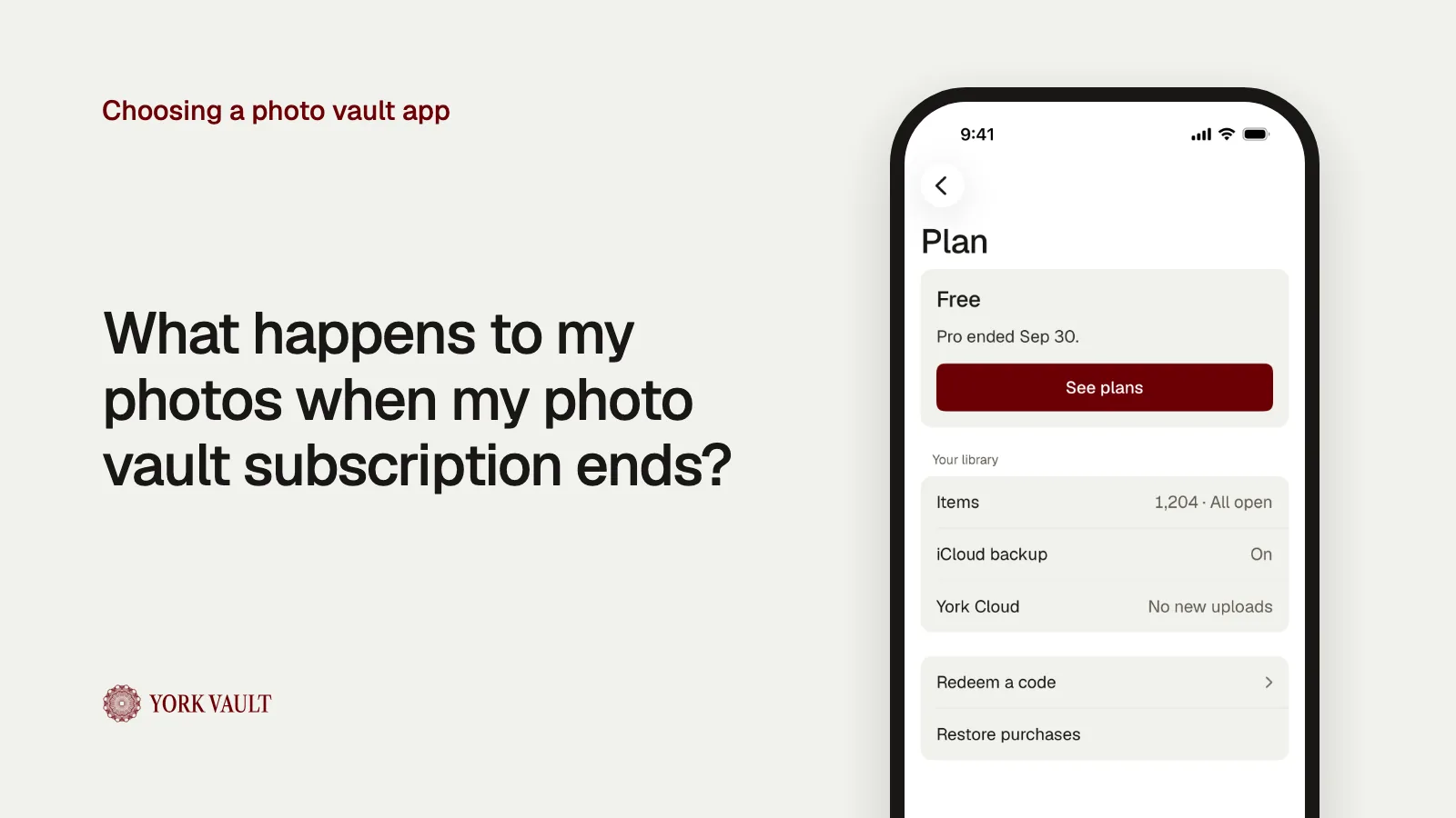 The plan screen after a plan ends in York Vault on iPhone