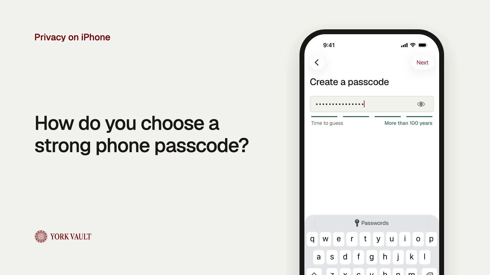 Creating a passcode in York Vault on iPhone