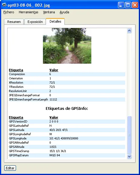 A metadata viewer showing the GPS tags inside a photo file: latitude, longitude, altitude and a time stamp