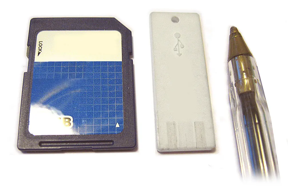 An SD memory card and a small USB flash drive next to a ballpoint pen for scale