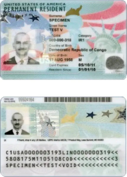 The front and back of a specimen US Permanent Resident Card, marked SPECIMEN and TEST