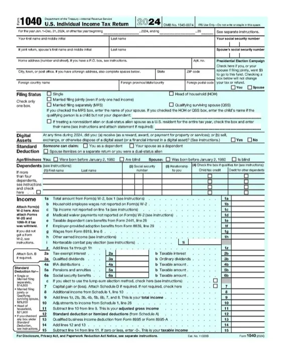 Page 1 of the blank 2024 IRS Form 1040, with fields for name, address and social security number at the top