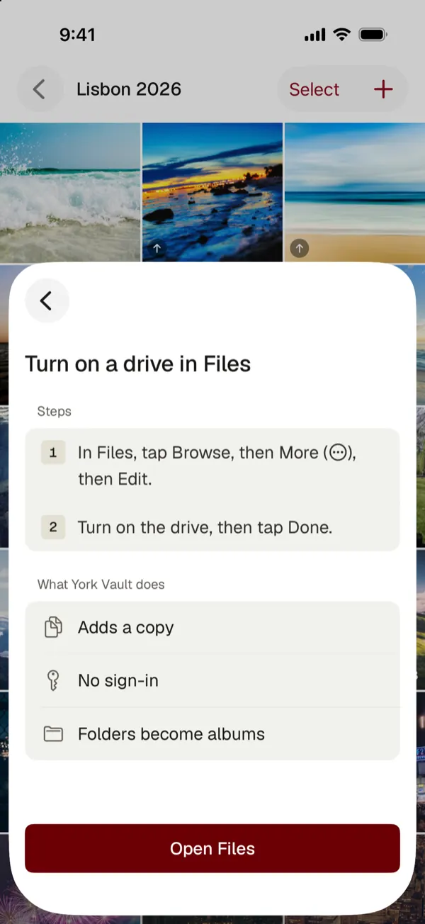 Steps to turn on a drive in Files, and what York Vault does: adds a copy, needs no sign-in, folders become albums