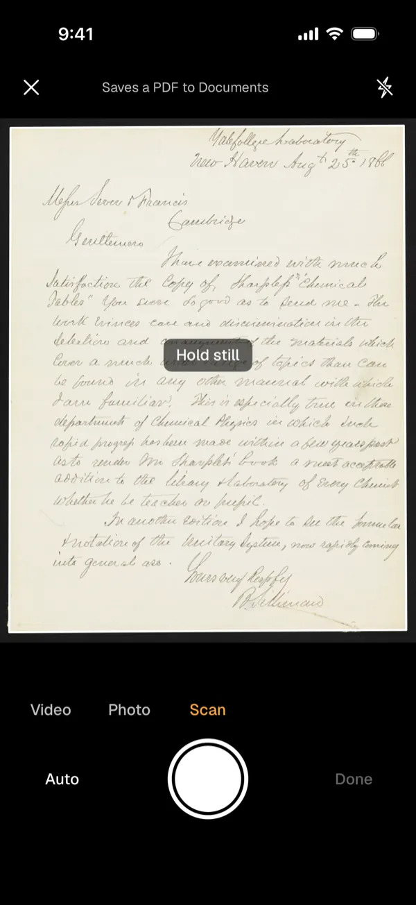 The York Vault camera in Scan mode over a handwritten letter