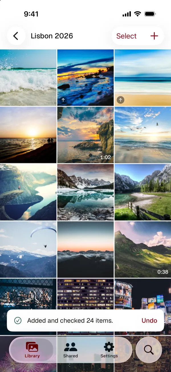 An album with a message: Added and checked 24 items, with Undo