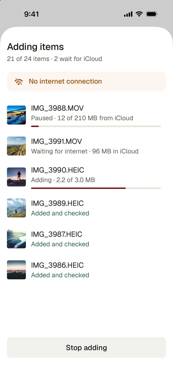 Adding items with no internet: a video paused at 12 of 210 MB from iCloud, another waiting for internet, others added and checked