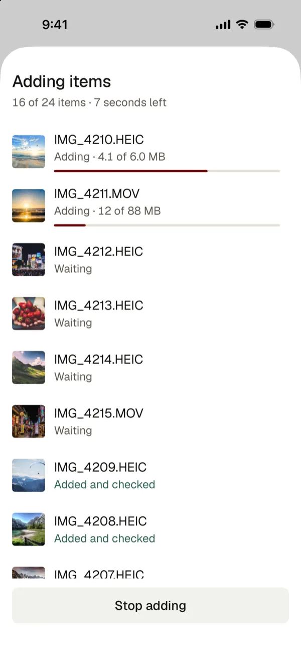 Adding items: 16 of 24 items, with each file adding, waiting or added and checked