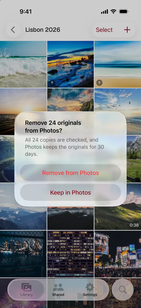 A prompt to remove 24 originals from Photos, saying all 24 copies are checked and Photos keeps the originals for 30 days