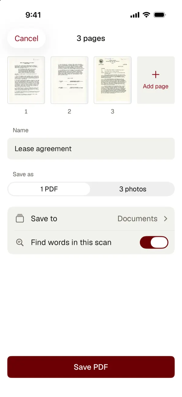 Scan review with 3 pages, a name field, save as 1 PDF or 3 photos, and a switch to find words in this scan