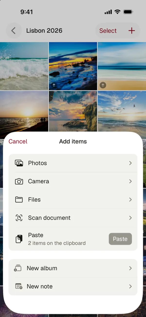 The Add items sheet: Photos, Camera, Files, Scan document, Paste, New album and New note