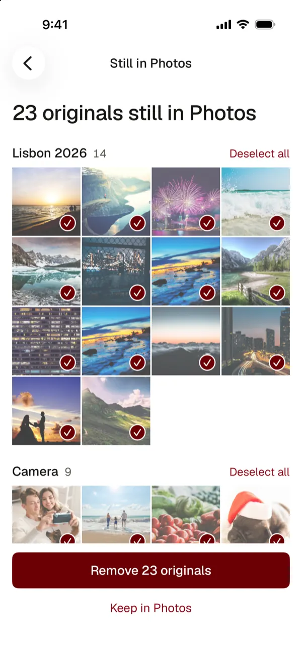 23 originals still in Photos, grouped by album, with Remove 23 originals and Keep in Photos