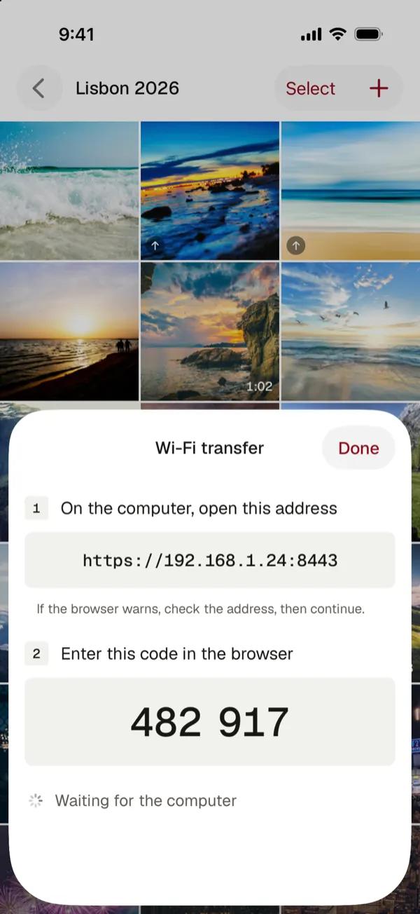 Wi-Fi transfer: open an address on the computer, then enter a 6-digit code in the browser
