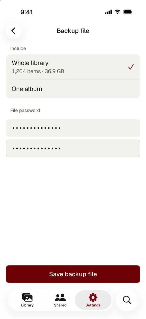 The backup file screen: whole library or one album, and a file password entered twice