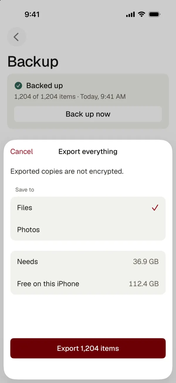 The Export everything sheet: exported copies are not encrypted, save to Files or Photos, space needed and free, Export 1,204 items