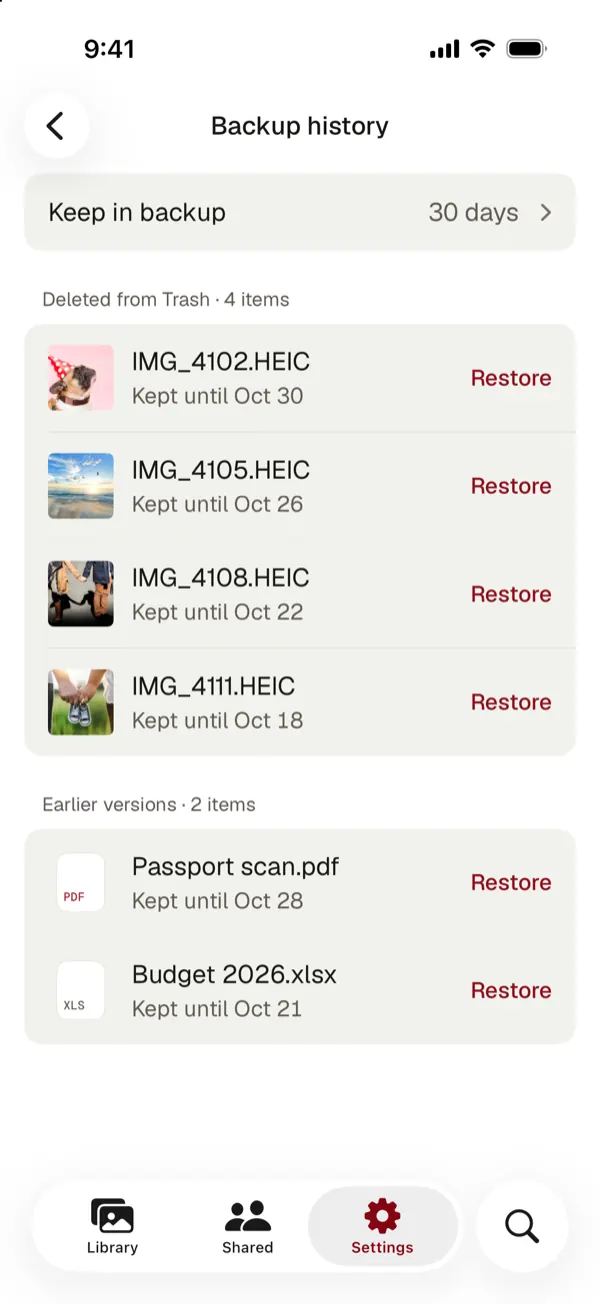 Backup history with items deleted from Trash and earlier versions of files, each with a date it is kept until and a Restore button