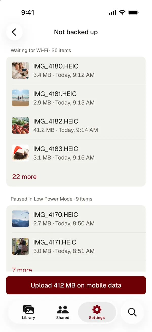 Not backed up: the items waiting for Wi-Fi and the items paused in Low Power Mode, each with its size and time