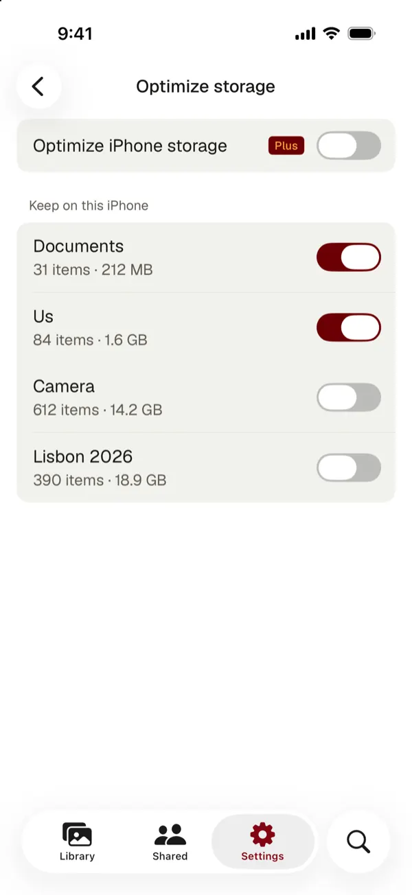 Optimize storage settings with a switch per album to keep it on this iPhone