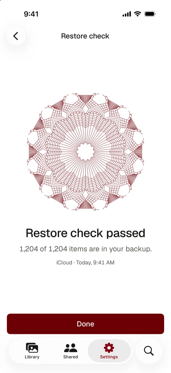 Restore check passed: 1,204 of 1,204 items are in your backup
