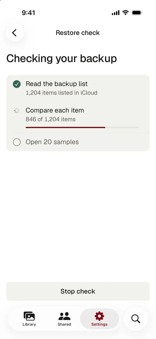 The restore check running: the backup list read, each item compared, 846 of 1,204 items checked