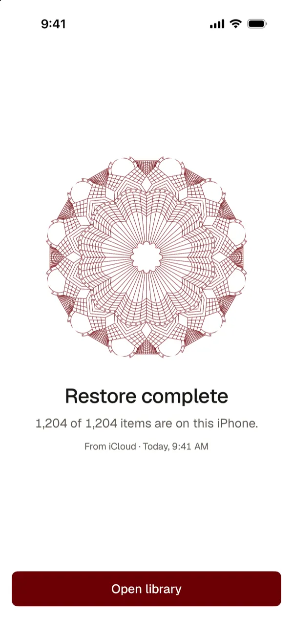 Restore complete: 1,204 of 1,204 items are on this iPhone