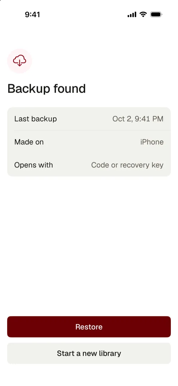 Backup found after a new install: last backup Oct 2, opens with code or recovery key, with Restore