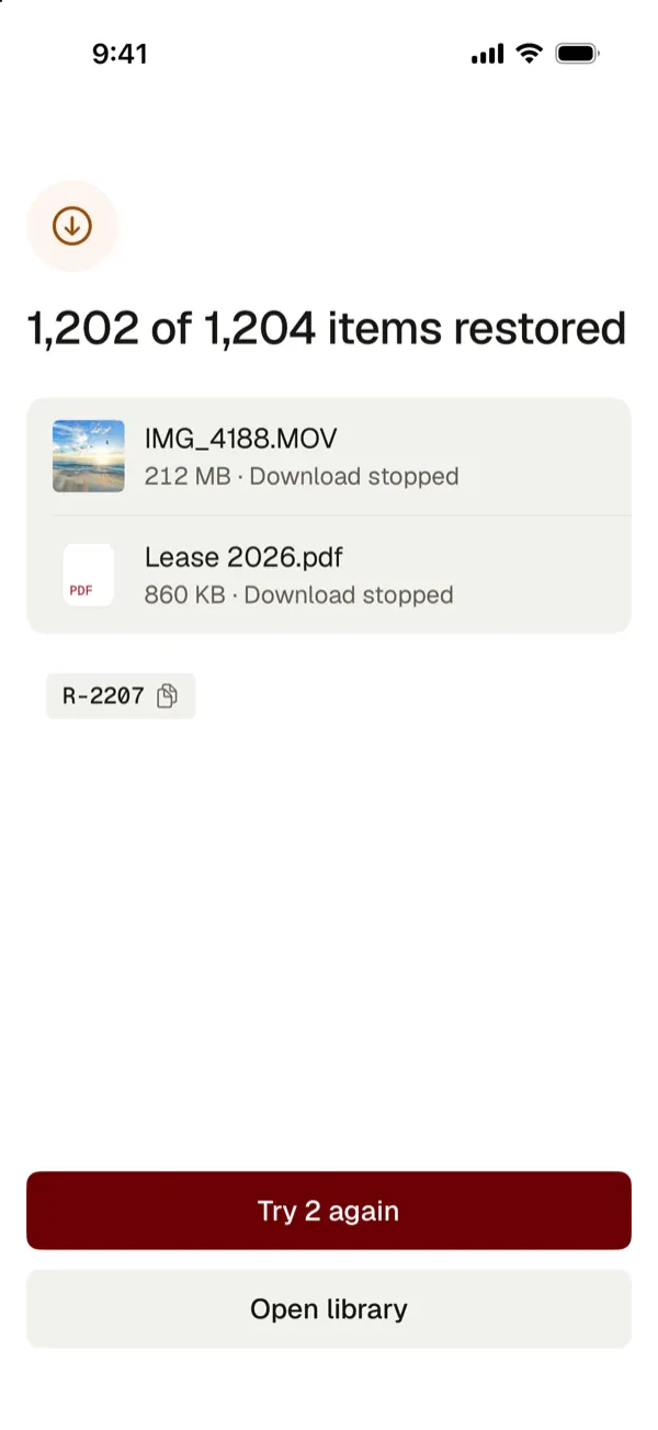 1,202 of 1,204 items restored, with the 2 items that stopped and Try 2 again