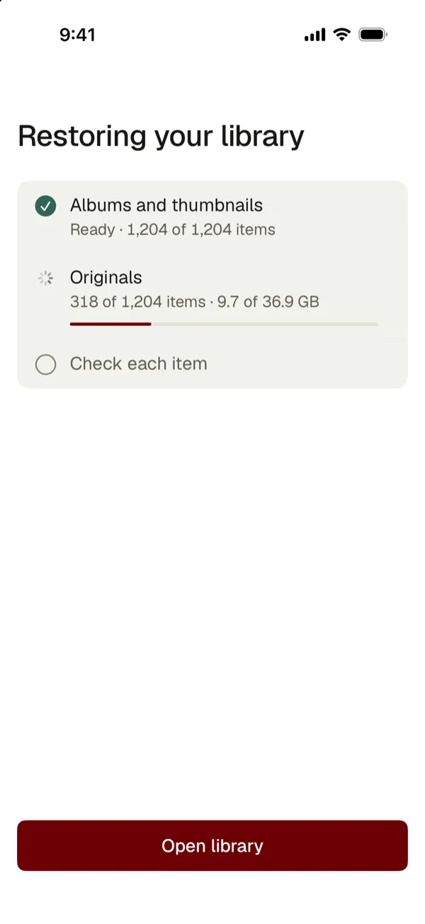 Restoring your library: albums and thumbnails ready, originals 318 of 1,204, then a check of each item