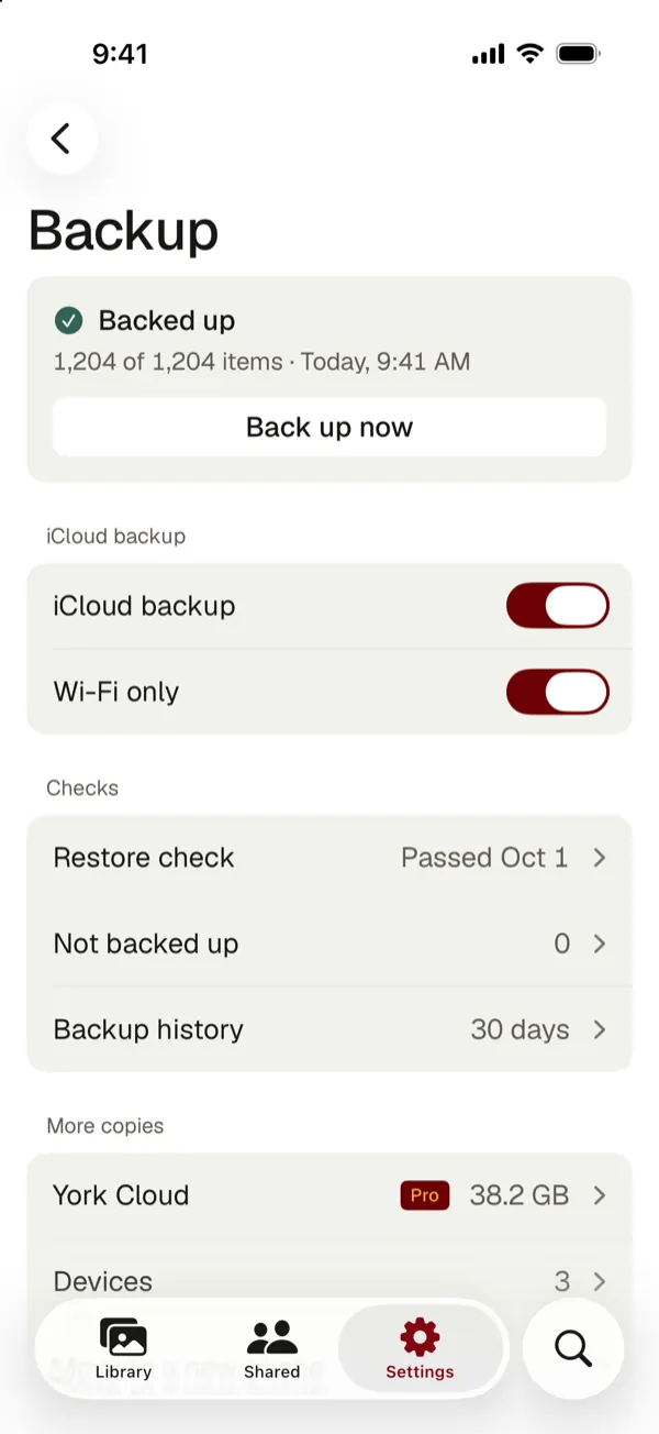 The York Vault backup screen: backed up 1,204 of 1,204 items today, iCloud backup and Wi-Fi only switches, restore check passed, nothing waiting