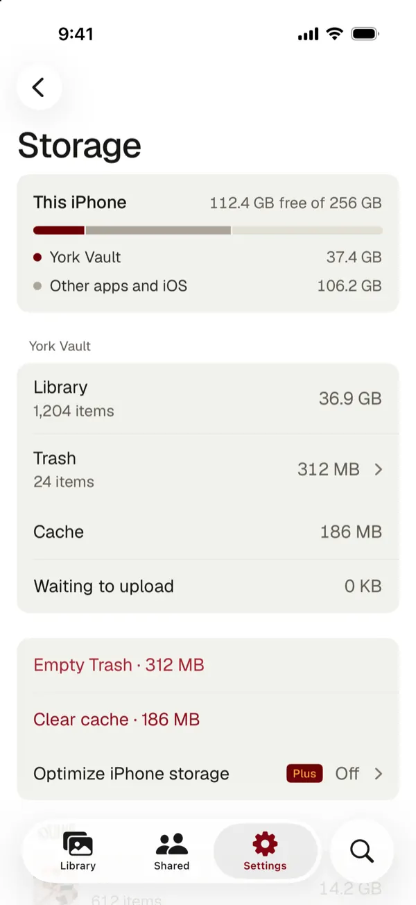 The York Vault storage screen with free space on this iPhone, the size of the library, Trash and cache, and buttons to empty Trash and clear the cache