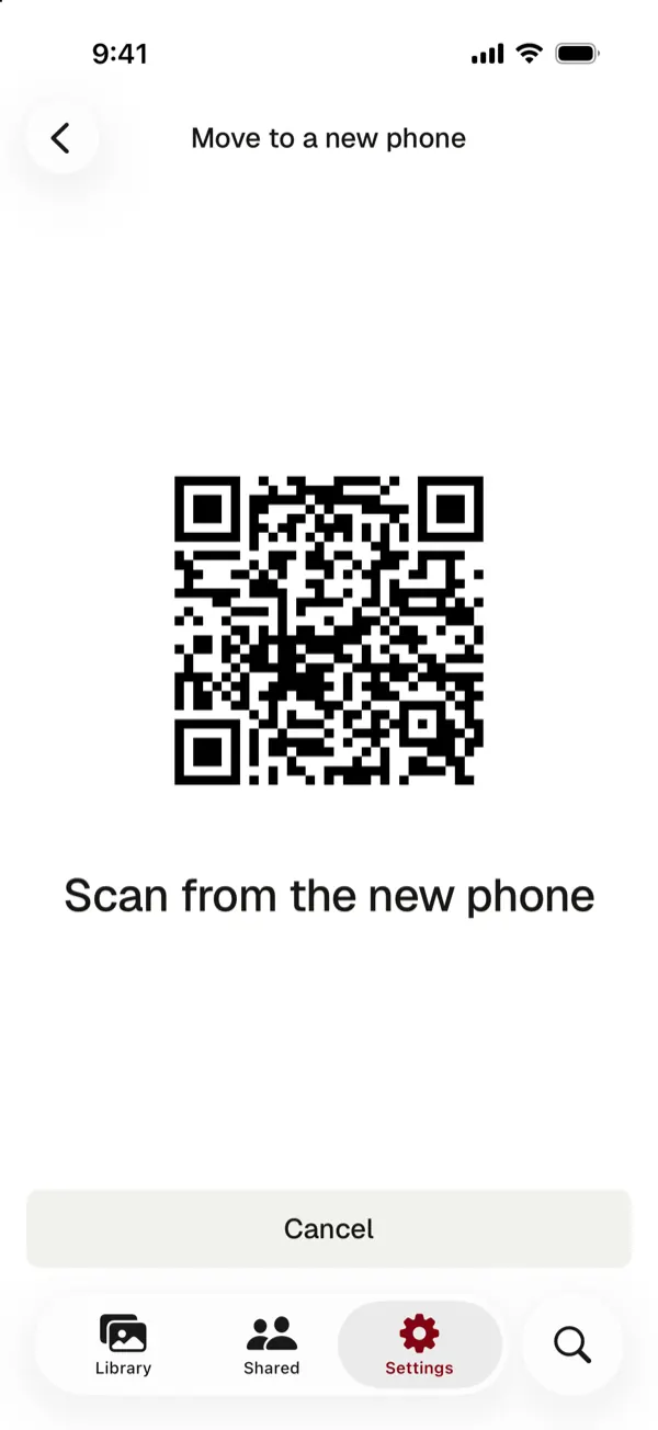 A QR code with the words Scan from the new phone